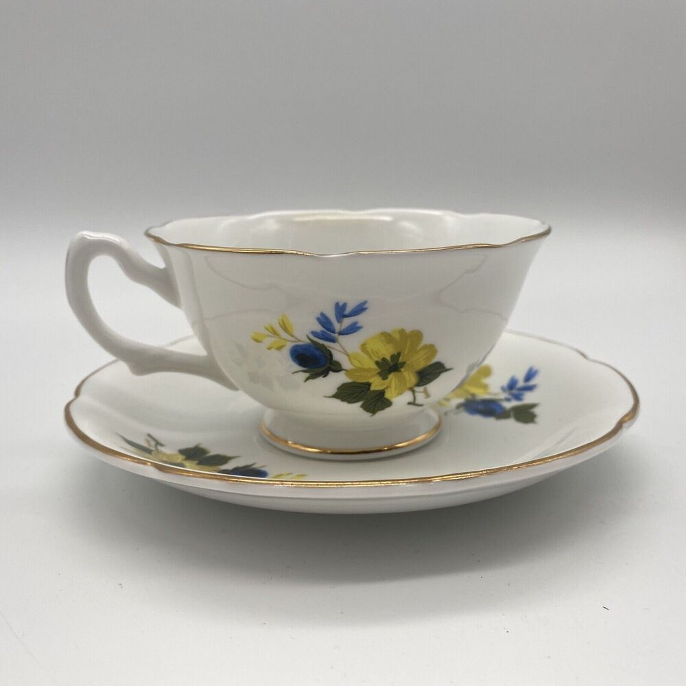 Royal Grafton Bone Chine Blue & Yellow Floral  Tea Cup Saucer Set